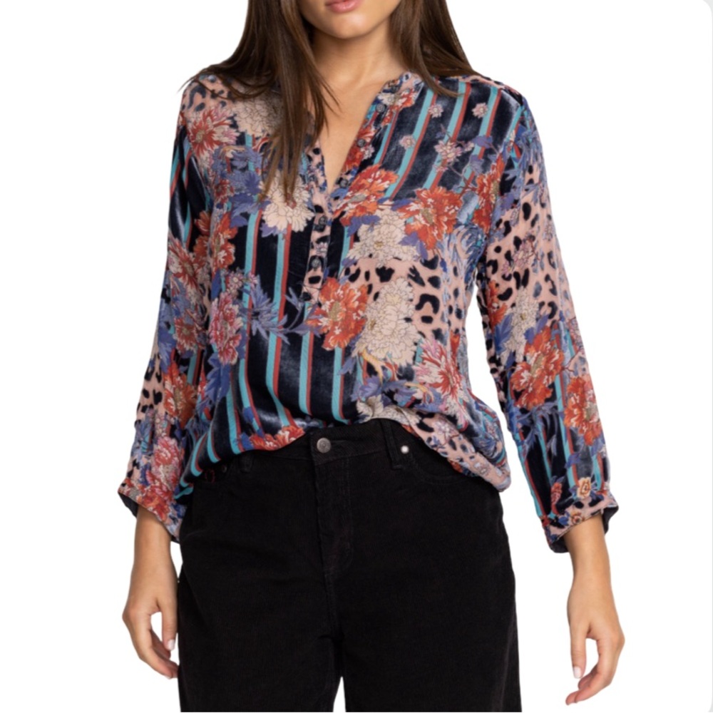 NWT Floral Stripe Mixed-Print V-Neck Tunic Top - Blue Multi Size S - Picture 4 of 11